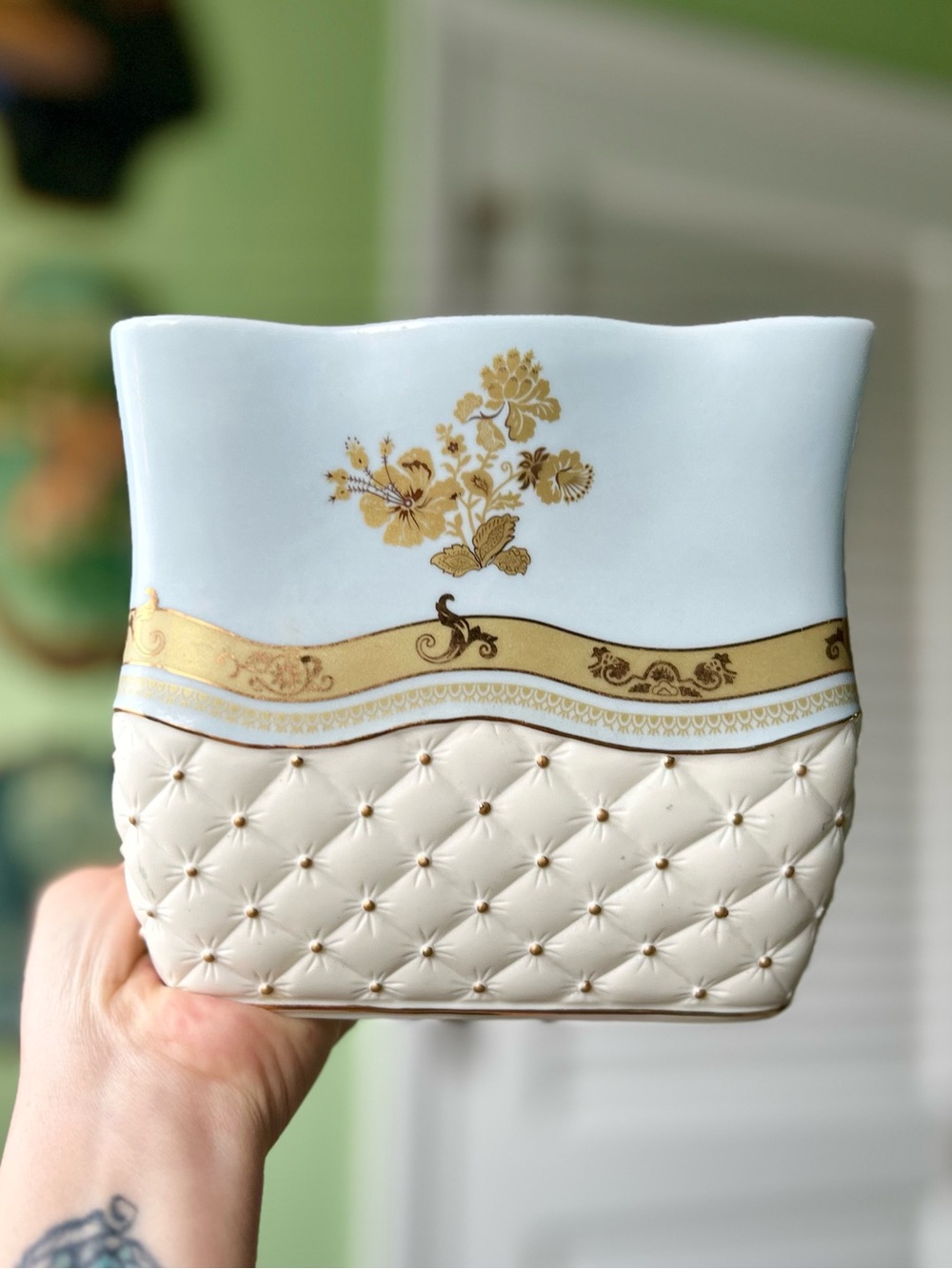 Croscill Napoleon Vintage Ceramic Tissue Box Cover in White + Gold Floral Accent